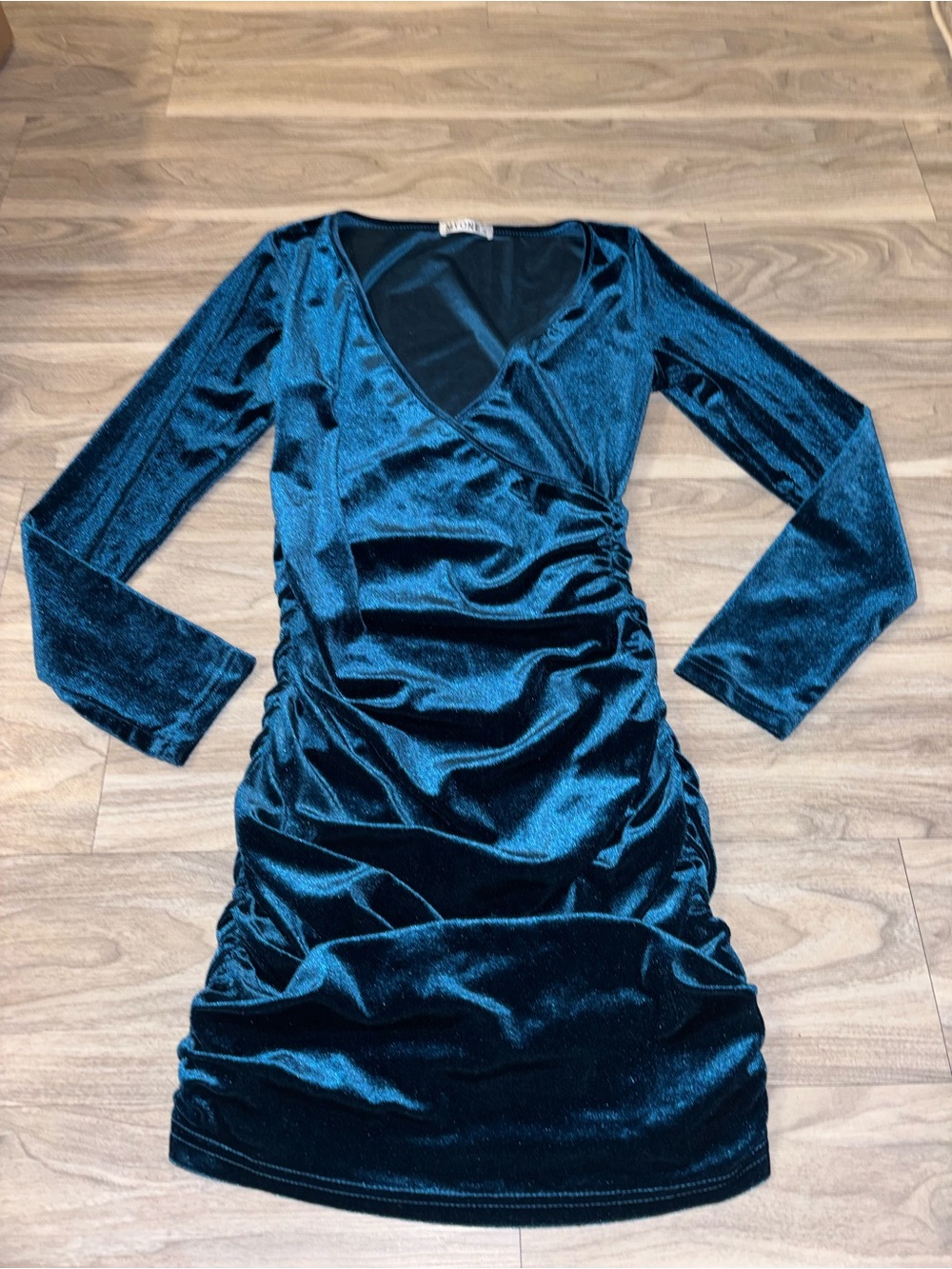 Velvet Ruched Long-Sleeve Wrap Dress - Teal